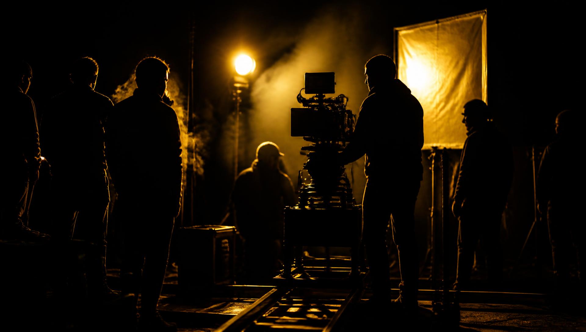 Film crew on an Odia cinema set at night